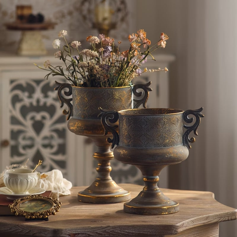 Embossed Gold Urn Planter with Decorative Handles
