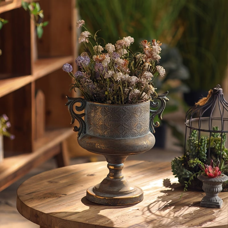Embossed Gold Urn Planter with Decorative Handles