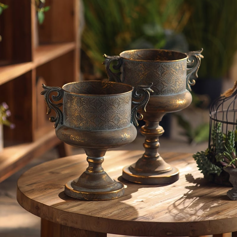Embossed Gold Urn Planter with Decorative Handles