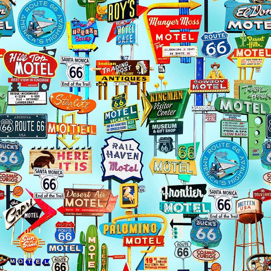Blue Route 66 Road Signs Cotton 44"/45" Fabric Per Yard