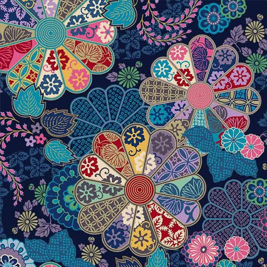 Navy Garden Grace (Metallic) Cotton 43"/44" Fabric Per Yard