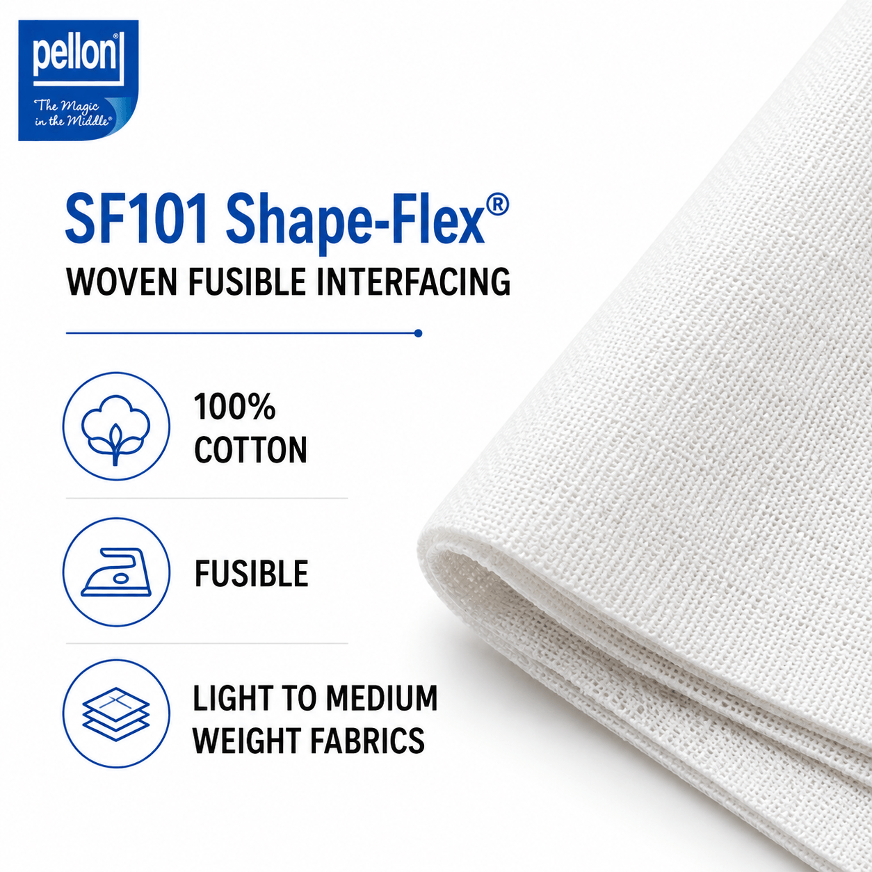 Pellon® SF101 Shape-Flex® Fusible Woven Cotton Interfacing – 60" x 10 Yard Bolt (White)