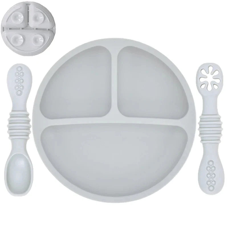 Silicone Baby Sucker Plate & Rice Spoon Set Cute Cartoon Tableware