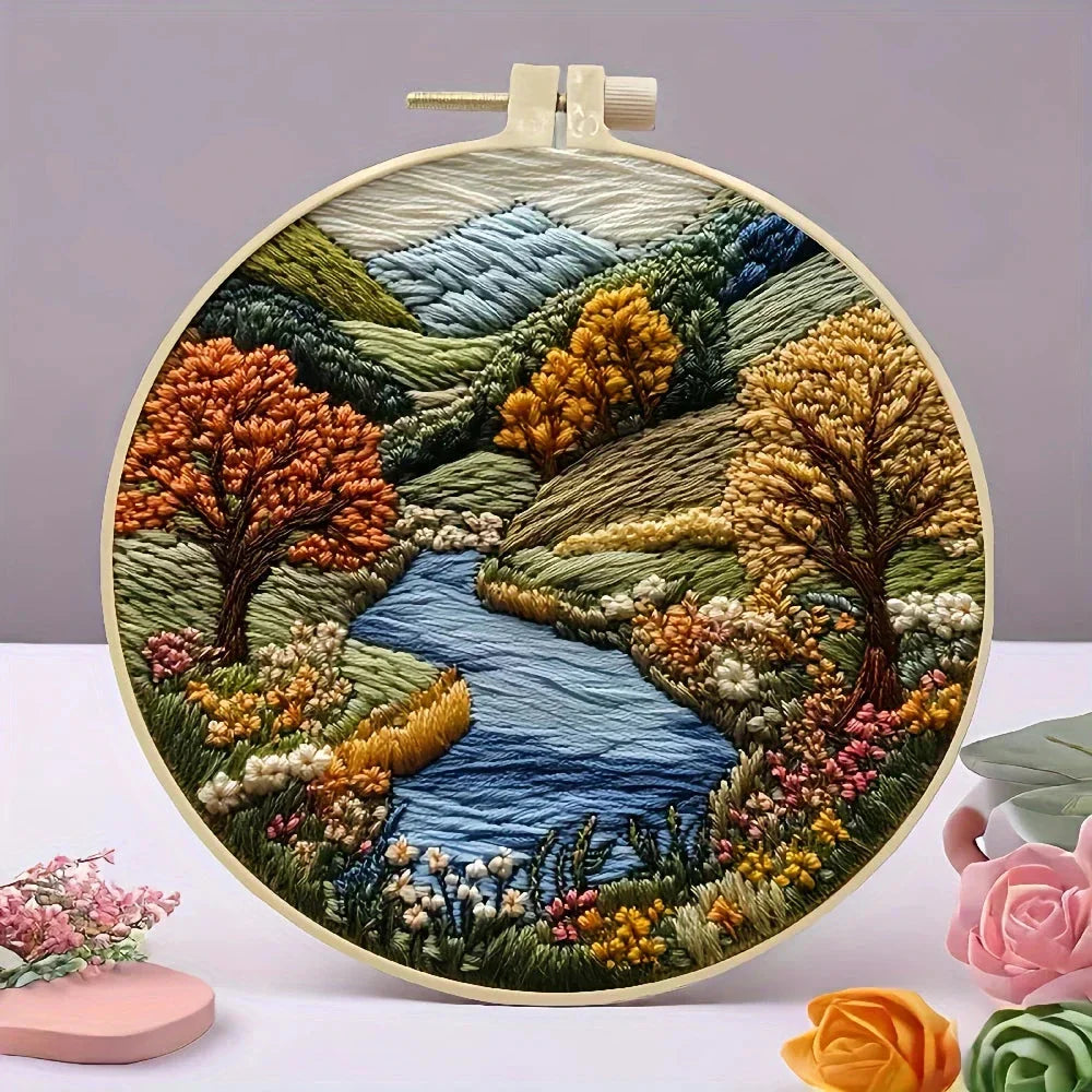 Beginners Hand Embroidery Kit - Mountain & Moon Landscape with Fabric & Threads