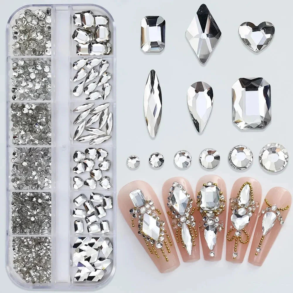 2400+ Shiny Clear Crystal Nail Rhinestones - Mixed Sizes & Shapes Flatback Gems