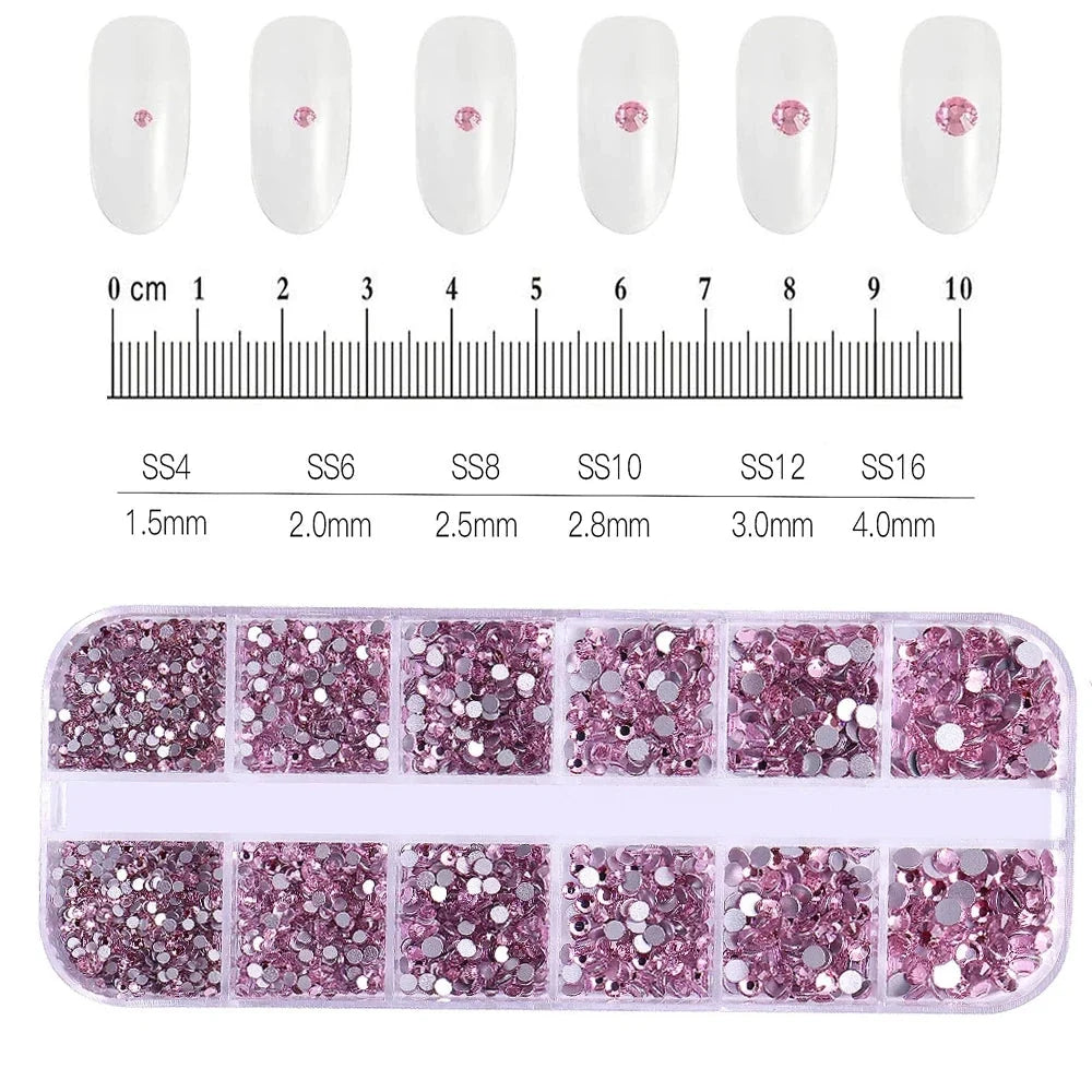 12 Grids Mixed Nail Rhinestones - SS6-SS30 Flat-Back Glass Gems for Nail Art