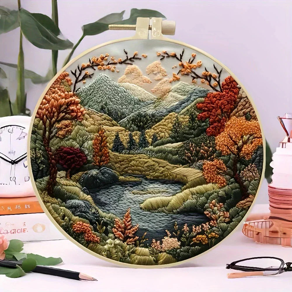 Beginners Hand Embroidery Kit - Mountain & Moon Landscape with Fabric & Threads
