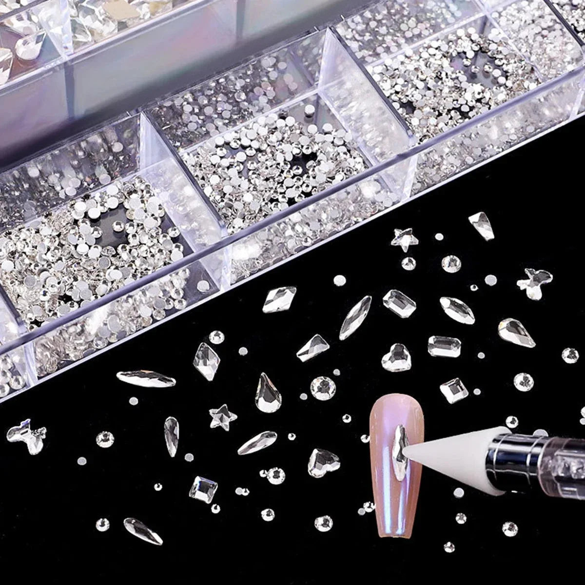 21 Grid Nail Art Rhinestone Set - Multi-Style Flat Bottom Glass Diamonds