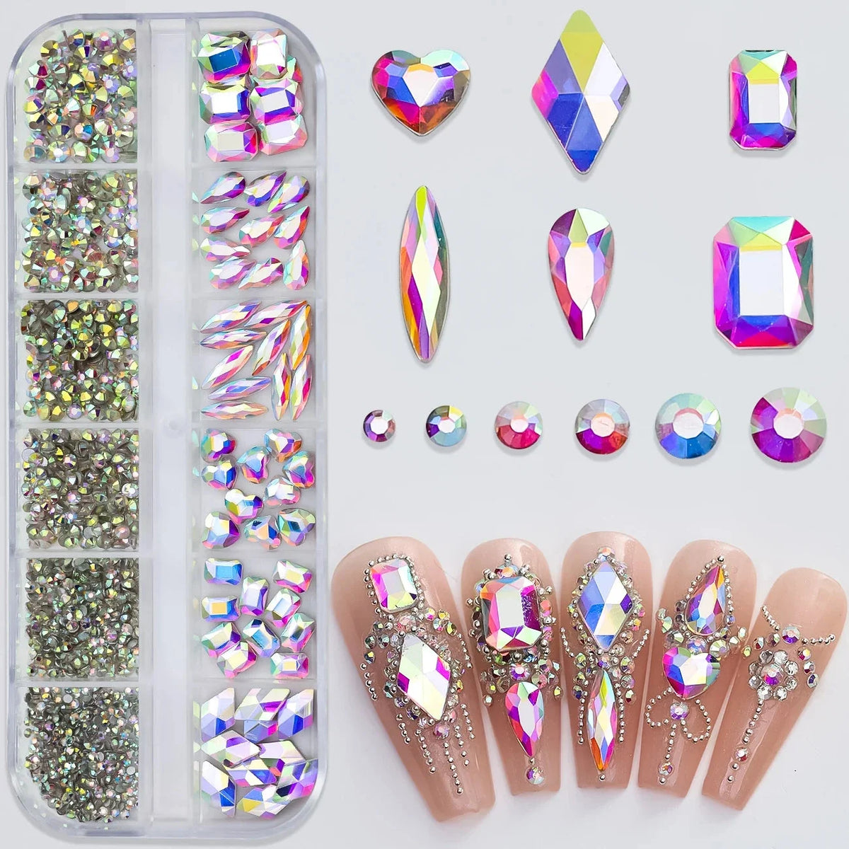 180pcs AB Flatback Glass Nail Rhinestones - Multi-Shape Gems for DIY Nail Art