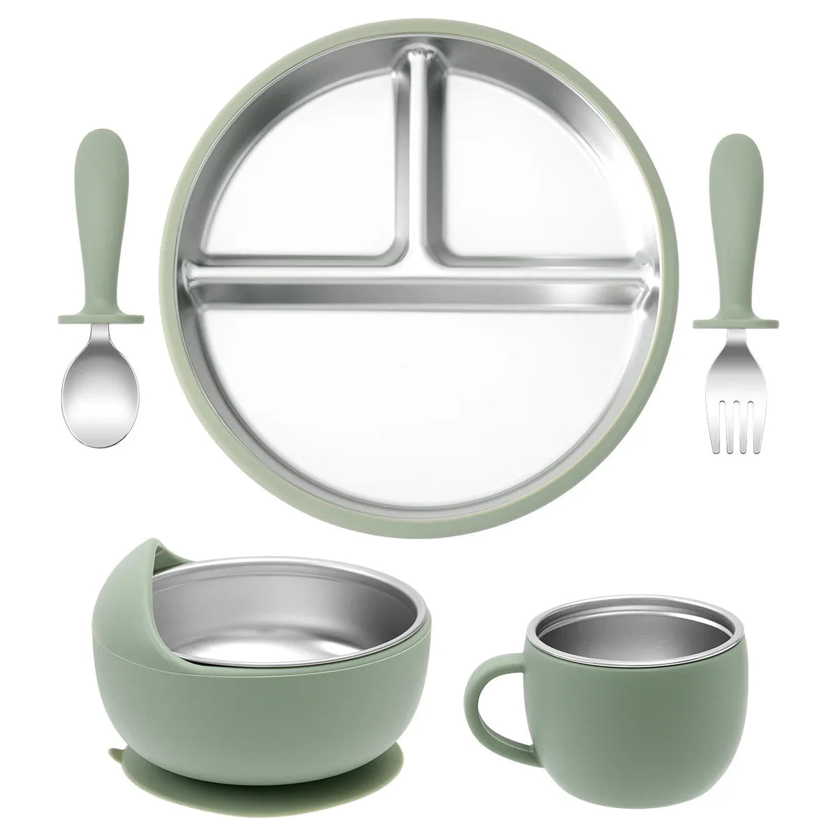 5PCS Baby Feeding Set Stainless Steel Plates with Silicone Sucker