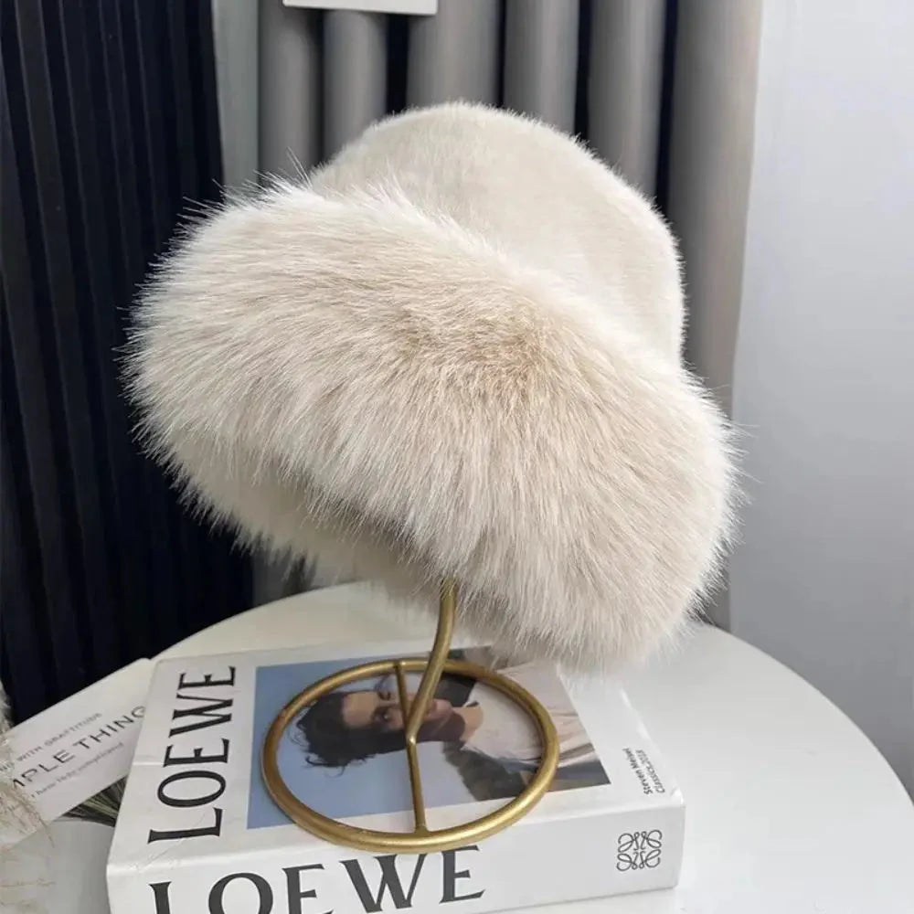 Fluffy Fur Fisherman Hat For Women Winter Plush Ear Protection Cap Windproof Warm Female Panama Caps Solid Fashion Bucket Hat