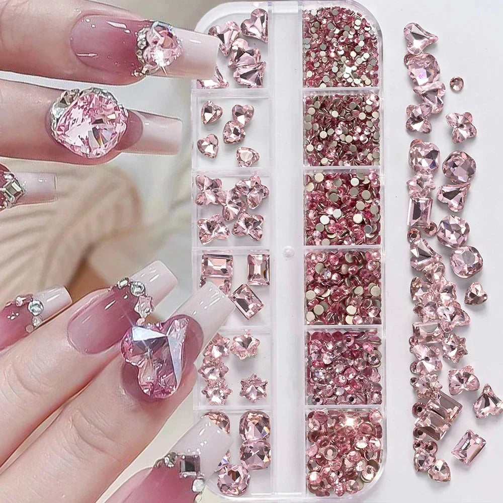 180pcs AB Flatback Glass Nail Rhinestones - Multi-Shape Gems for DIY Nail Art