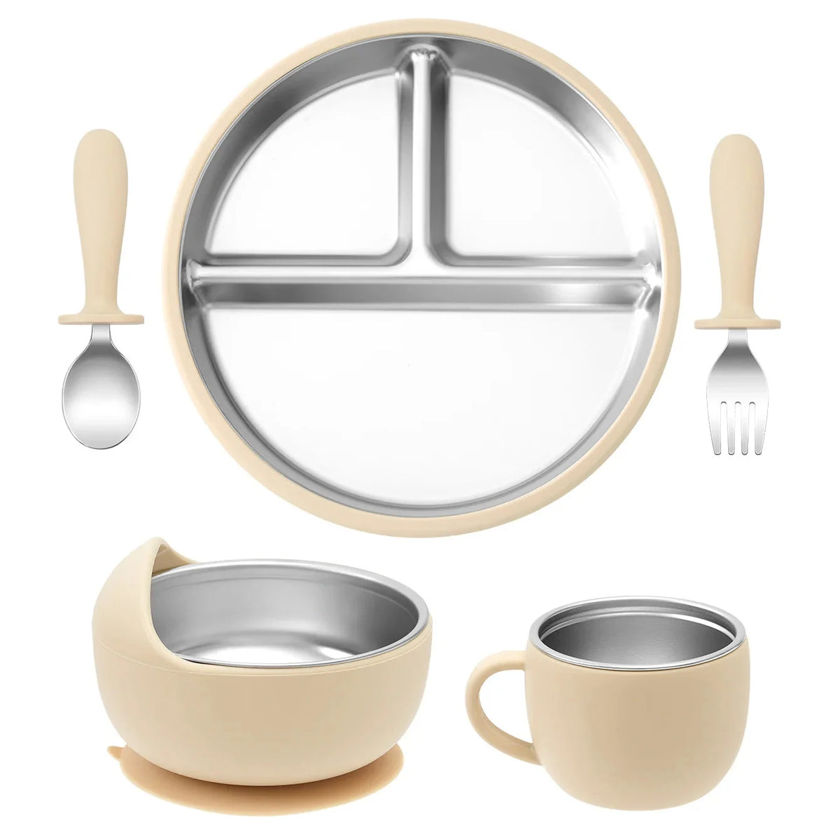 5PCS Baby Feeding Set Stainless Steel Plates with Silicone Sucker
