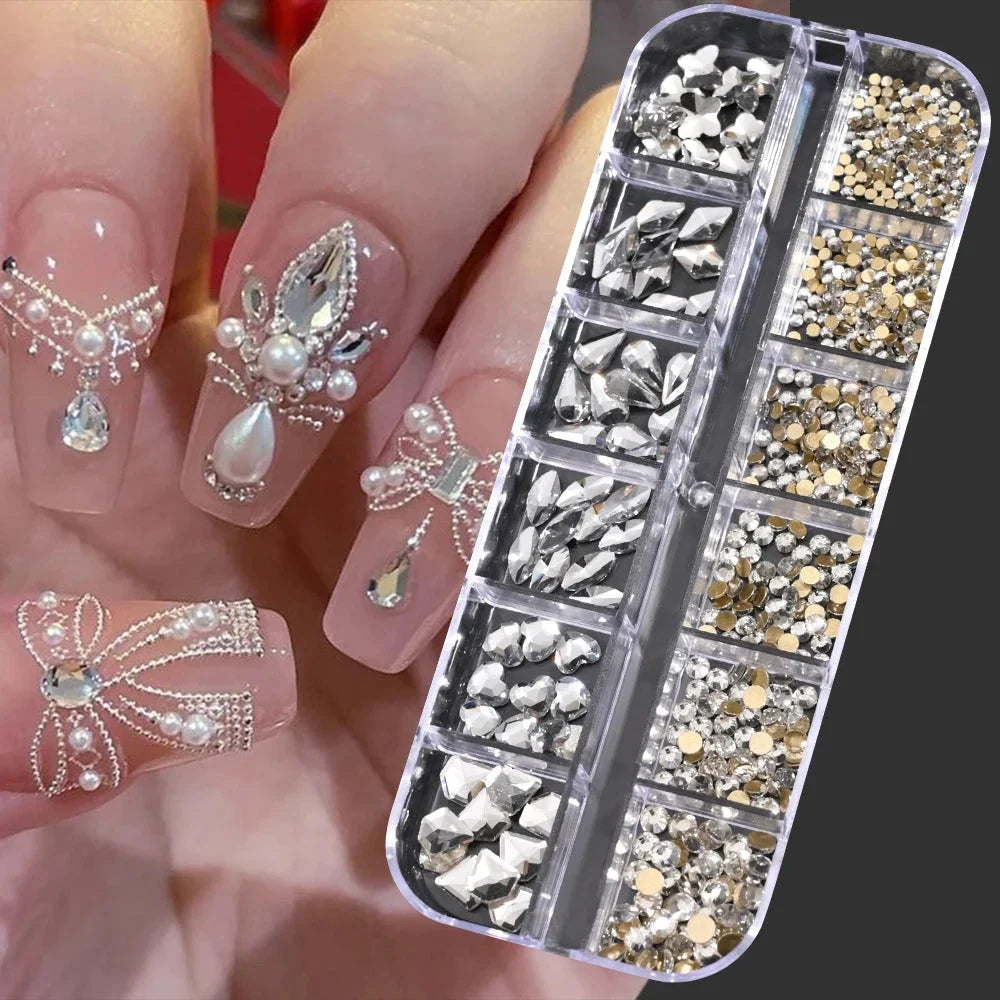 12 Grids Mixed Nail Rhinestones - SS6-SS30 Flat-Back Glass Gems for Nail Art