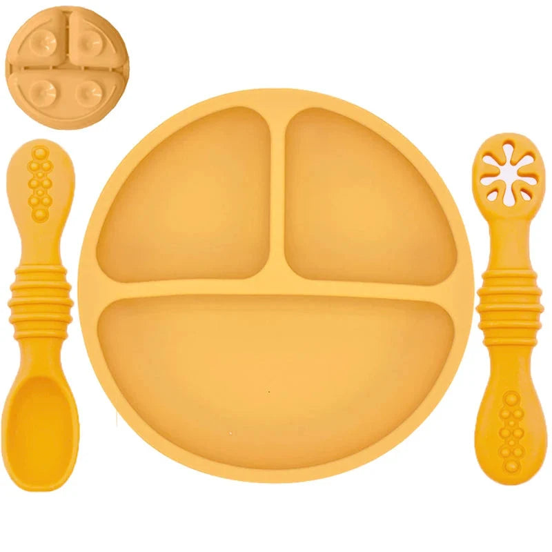 Silicone Baby Sucker Plate & Rice Spoon Set Cute Cartoon Tableware
