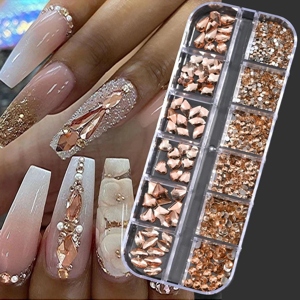 12 Grids Mixed Nail Rhinestones - SS6-SS30 Flat-Back Glass Gems for Nail Art
