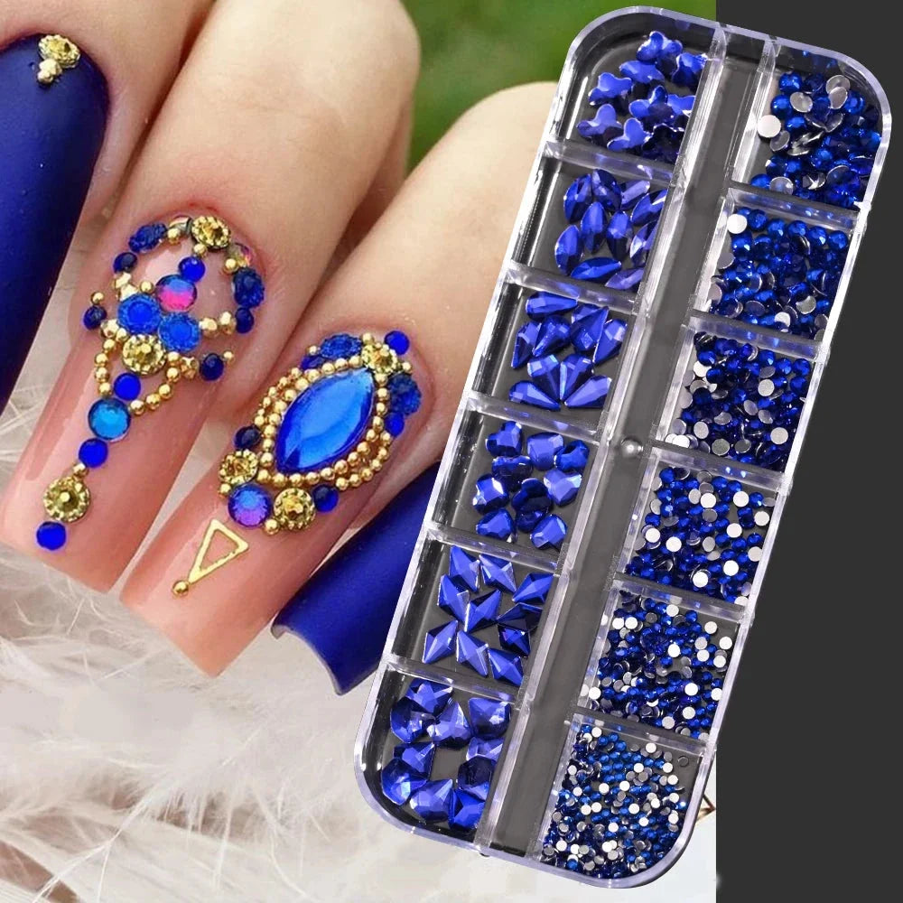 12 Grids Mixed Nail Rhinestones - SS6-SS30 Flat-Back Glass Gems for Nail Art