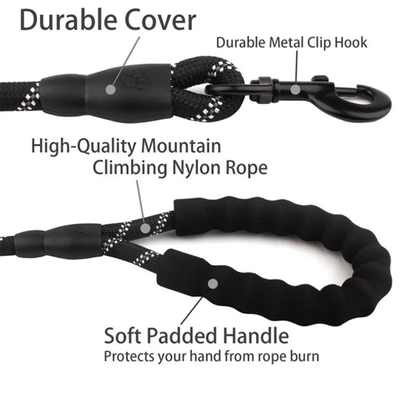 Reflective Dog Leash – Heavy Duty Traction Rope with Padded Handle for Strong Dogs