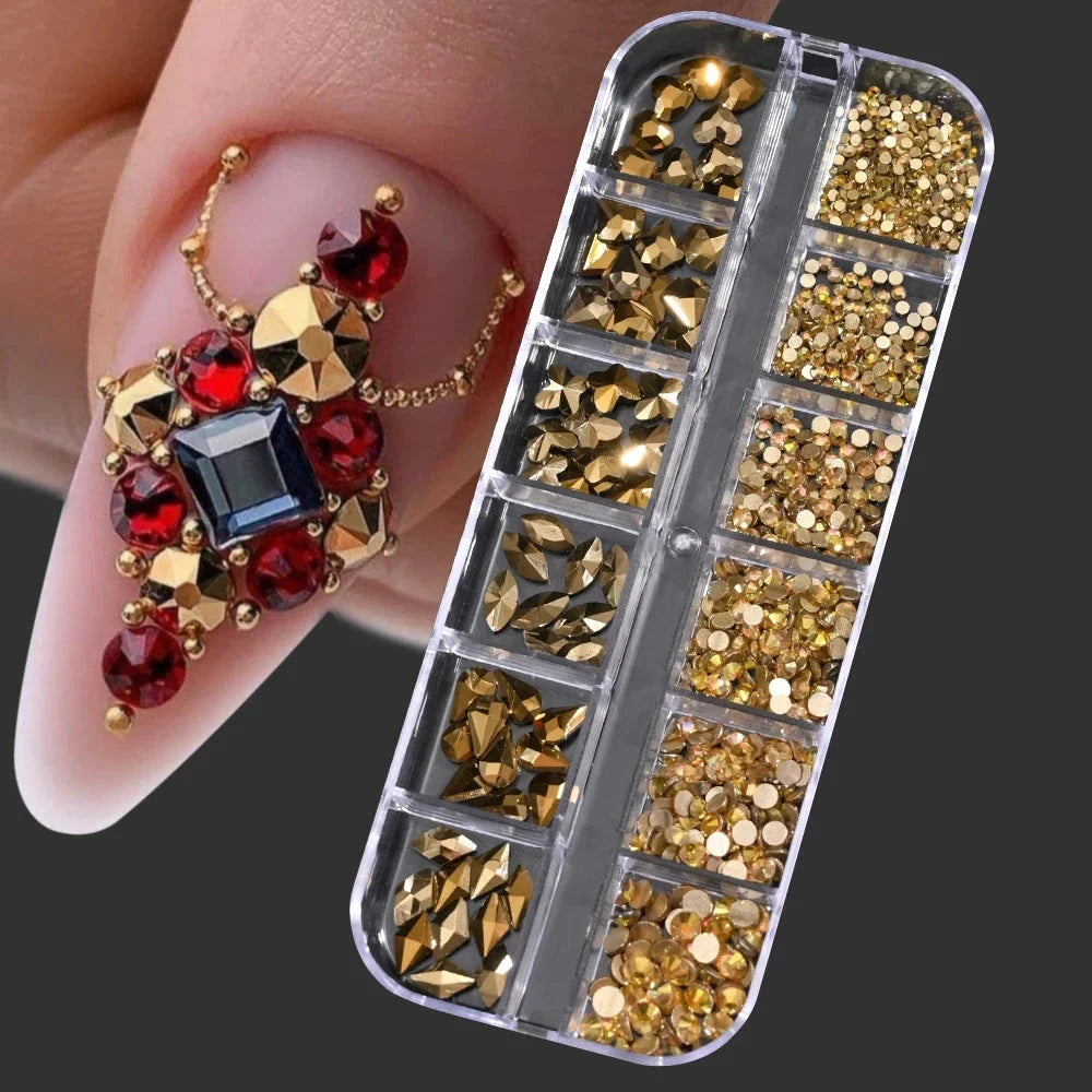 12 Grids Mixed Nail Rhinestones - SS6-SS30 Flat-Back Glass Gems for Nail Art