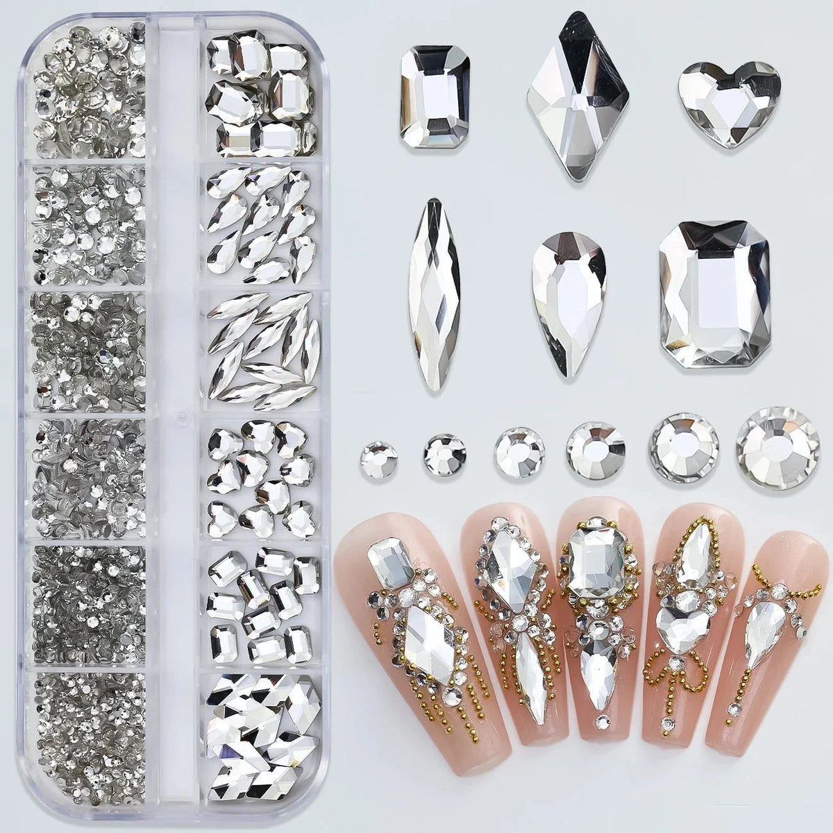 180pcs AB Flatback Glass Nail Rhinestones - Multi-Shape Gems for DIY Nail Art
