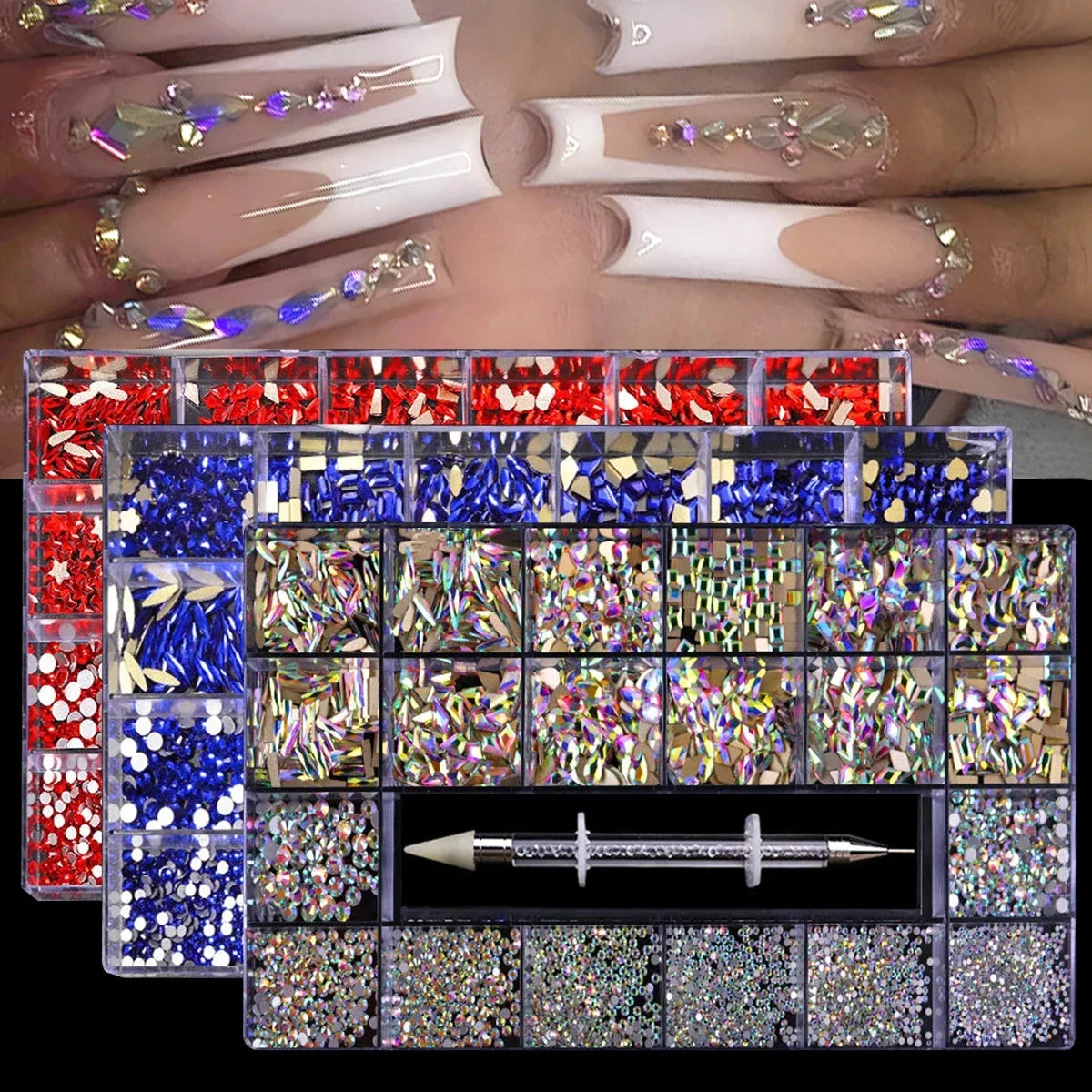 21 Grid Nail Art Rhinestone Set - Multi-Style Flat Bottom Glass Diamonds