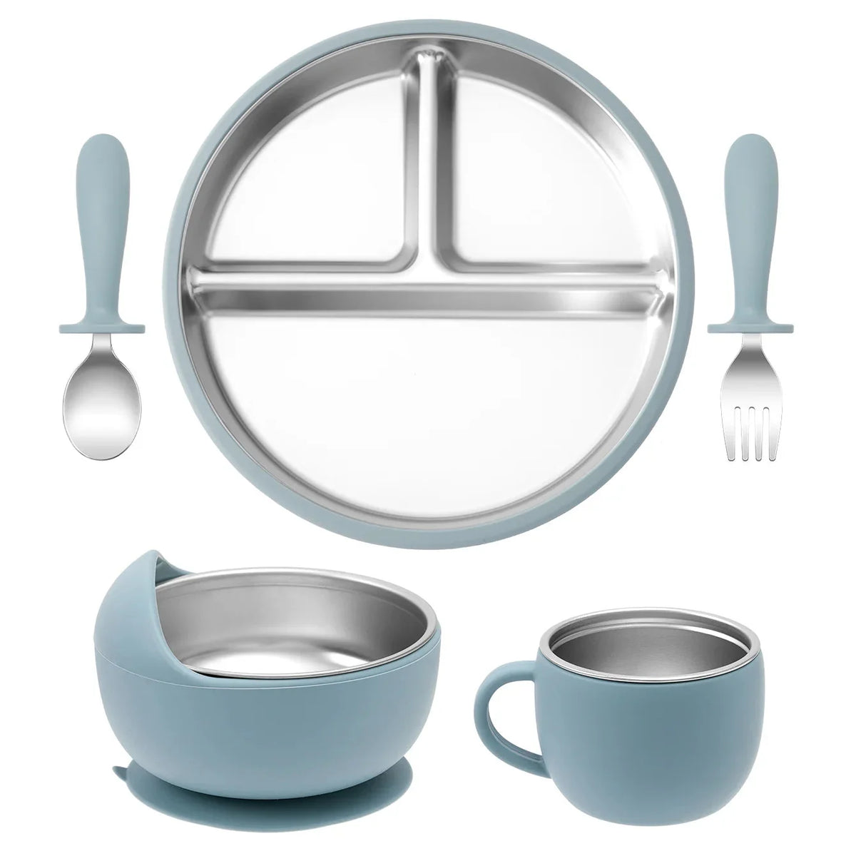 5PCS Baby Feeding Set Stainless Steel Plates with Silicone Sucker