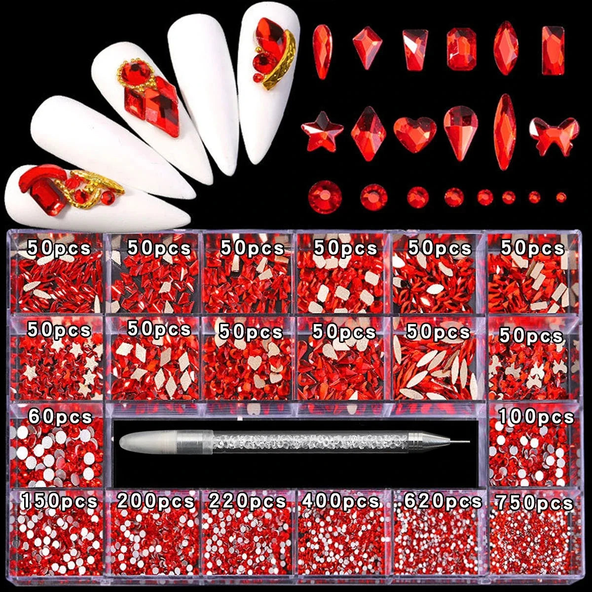 21 Grid Nail Art Rhinestone Set - Multi-Style Flat Bottom Glass Diamonds