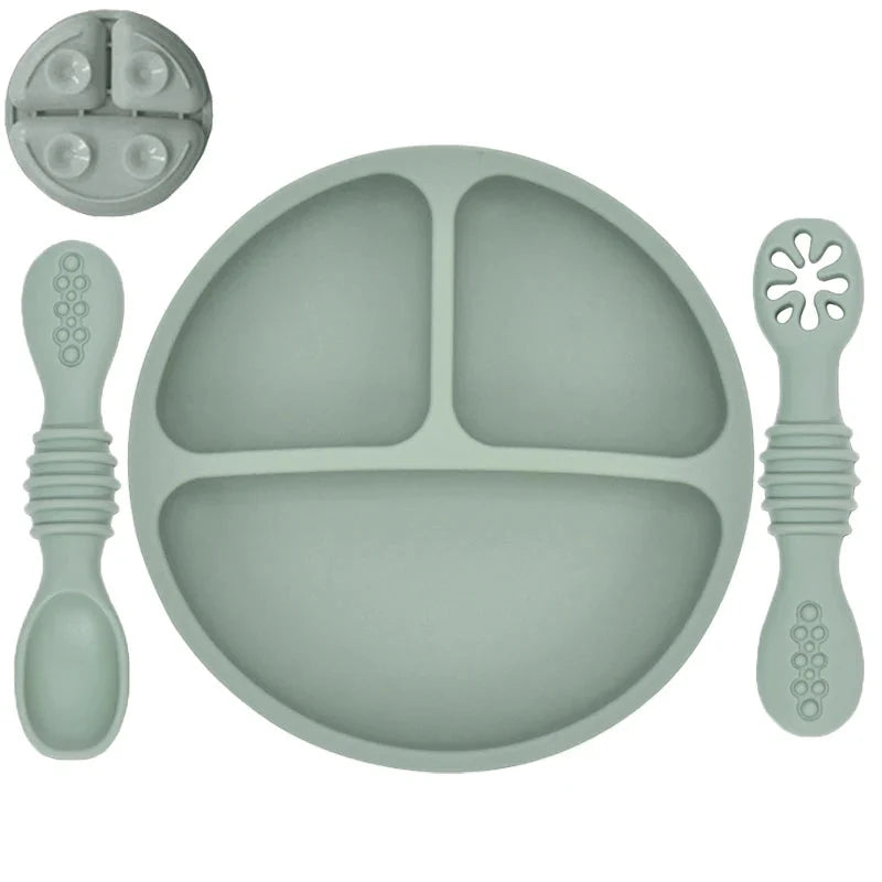 Silicone Baby Sucker Plate & Rice Spoon Set Cute Cartoon Tableware