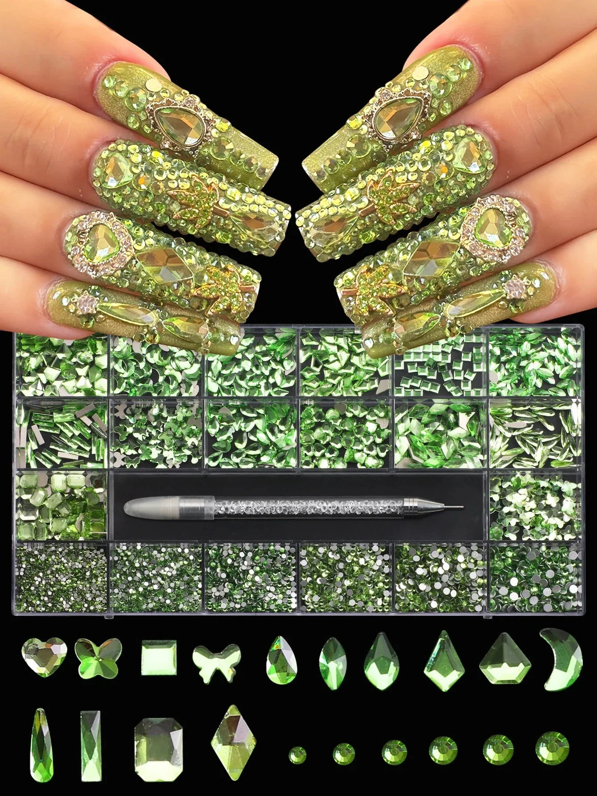 21 Grid Nail Art Rhinestone Set - Multi-Style Flat Bottom Glass Diamonds