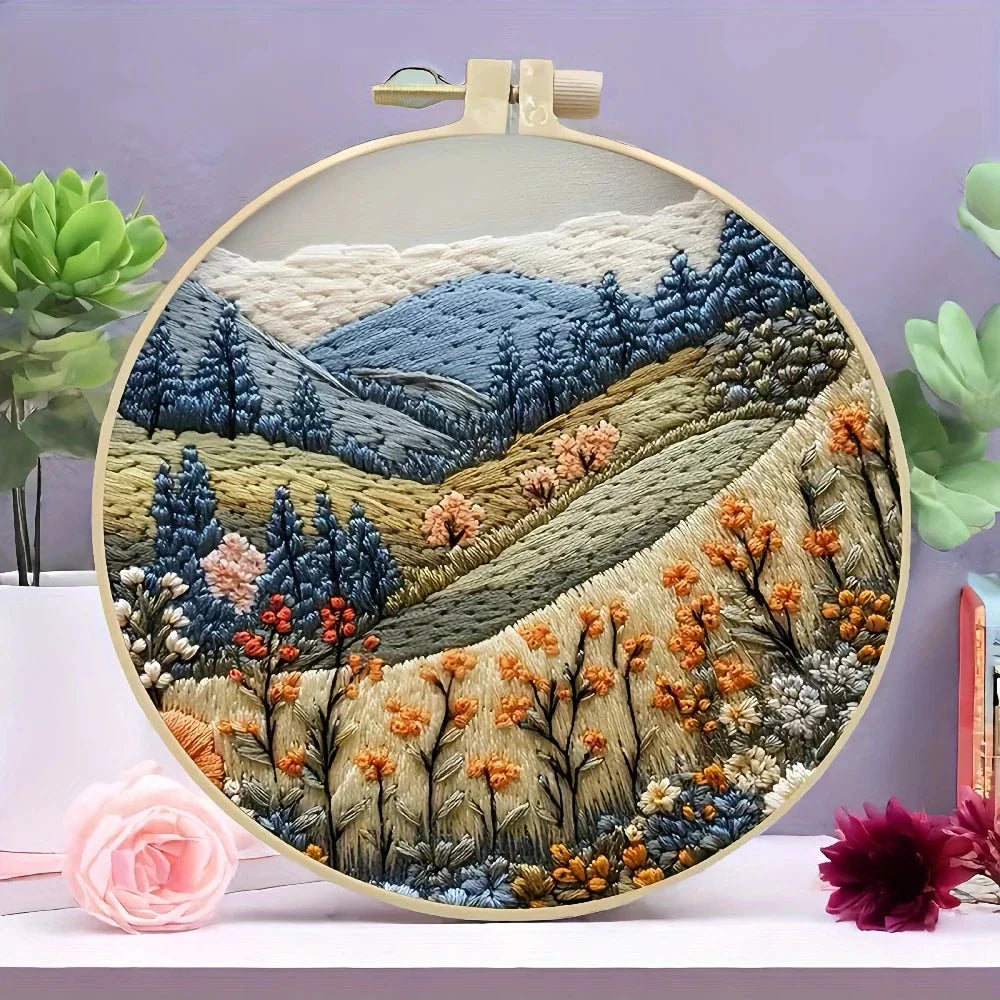 Beginners Hand Embroidery Kit - Mountain & Moon Landscape with Fabric & Threads
