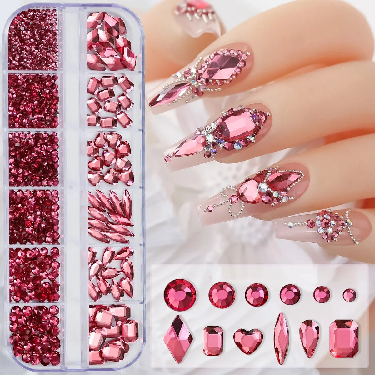 12 Grids Mixed Nail Rhinestones - SS6-SS30 Flat-Back Glass Gems for Nail Art