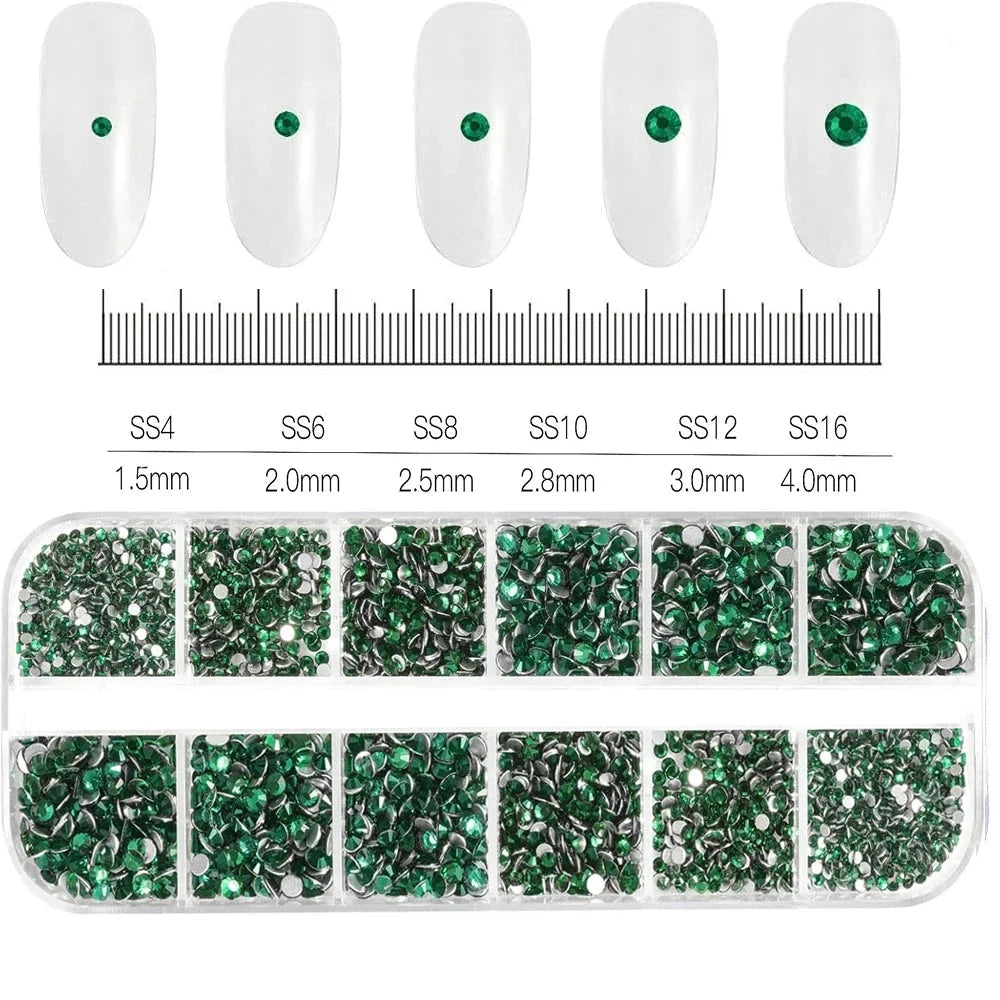 12 Grids Mixed Nail Rhinestones - SS6-SS30 Flat-Back Glass Gems for Nail Art