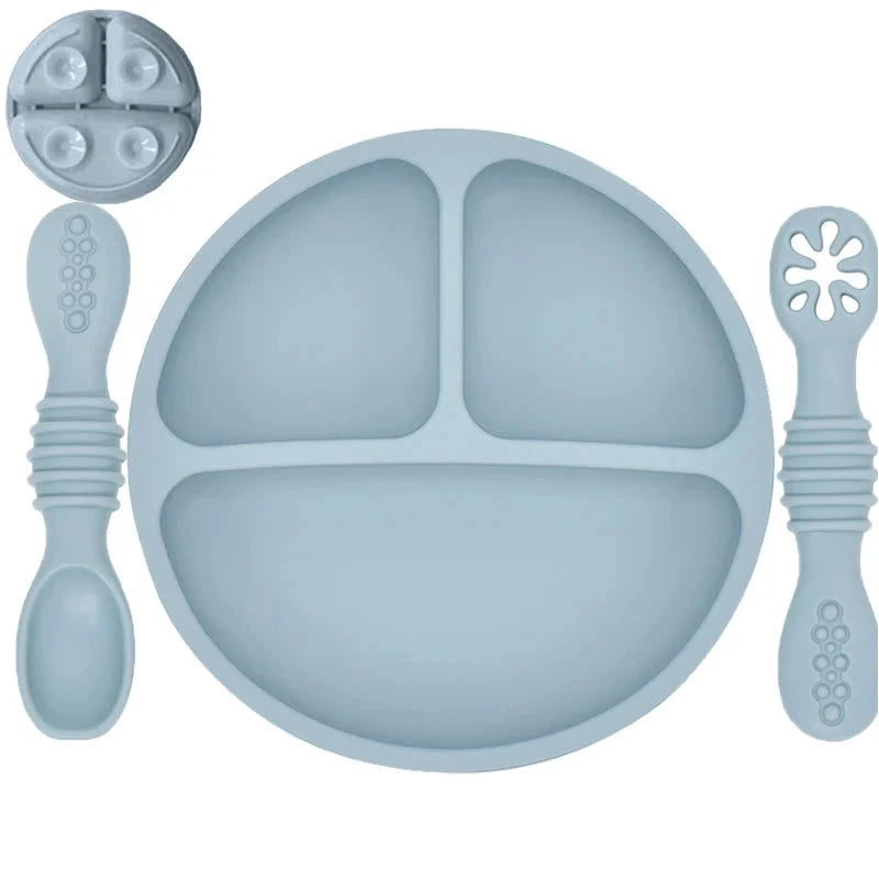 Silicone Baby Sucker Plate & Rice Spoon Set Cute Cartoon Tableware