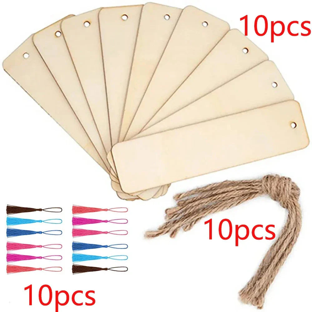 Wooden Bookmarks with Tassel Ropes - 10/20/60Pcs DIY Hanging Labels