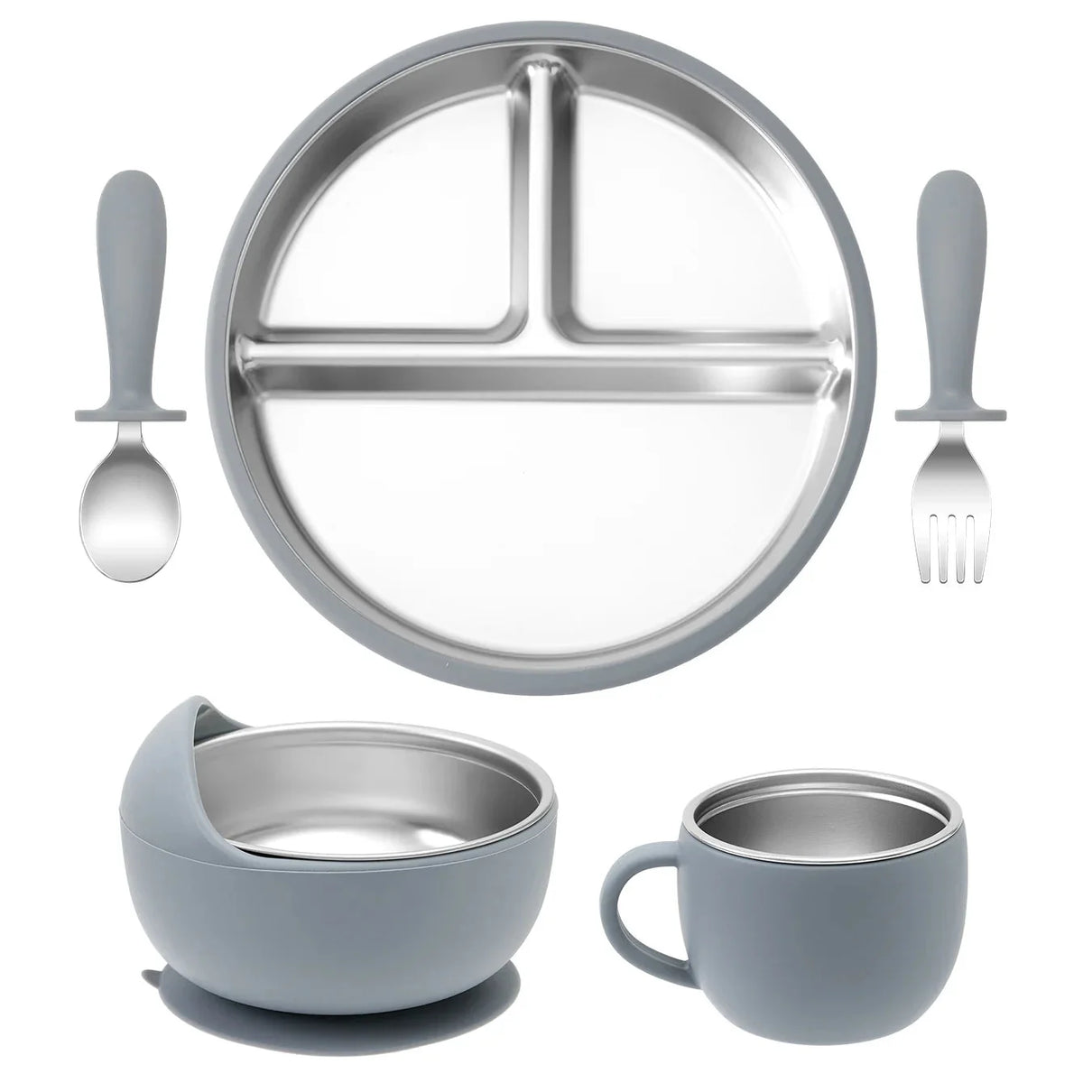 5PCS Baby Feeding Set Stainless Steel Plates with Silicone Sucker