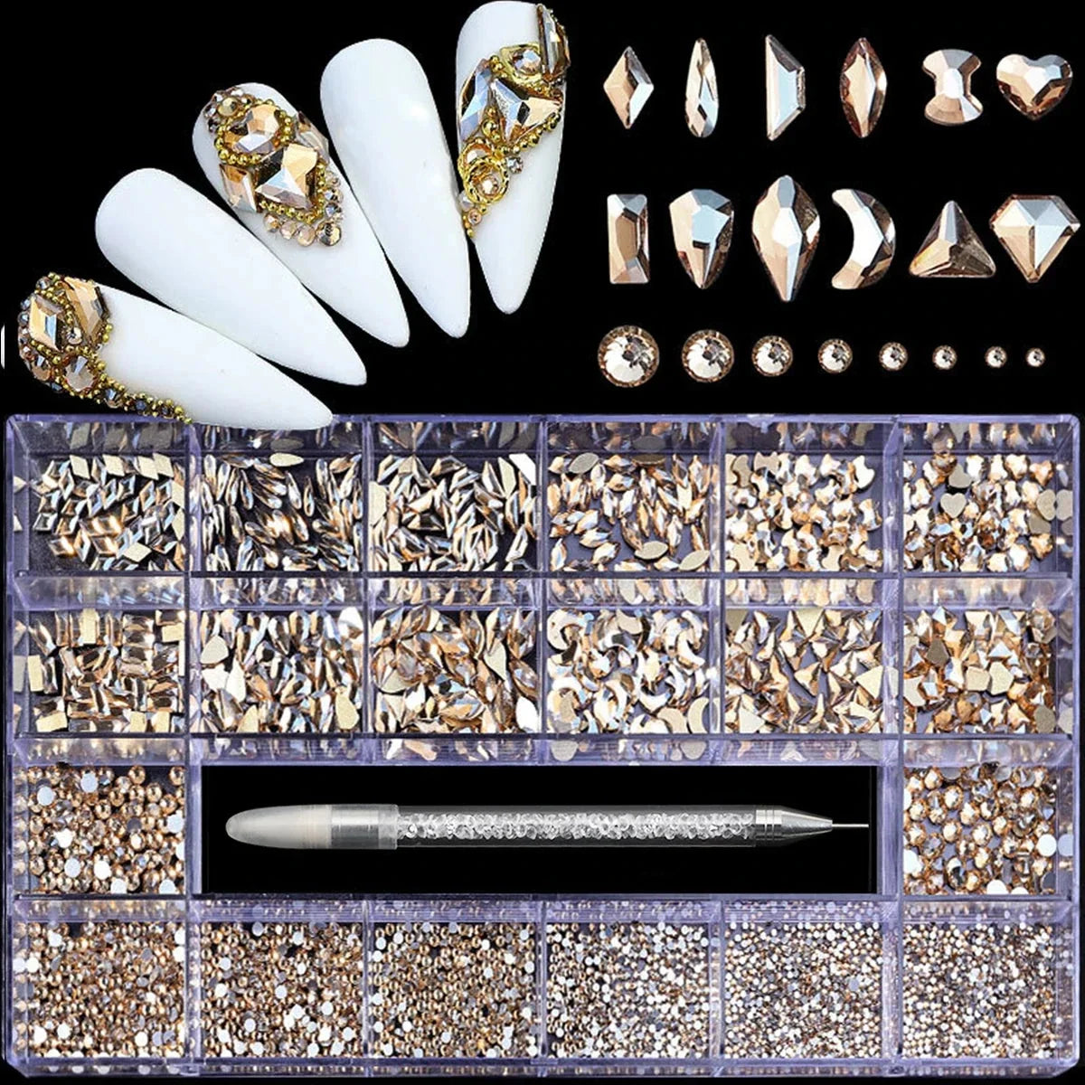 21 Grid Nail Art Rhinestone Set - Multi-Style Flat Bottom Glass Diamonds