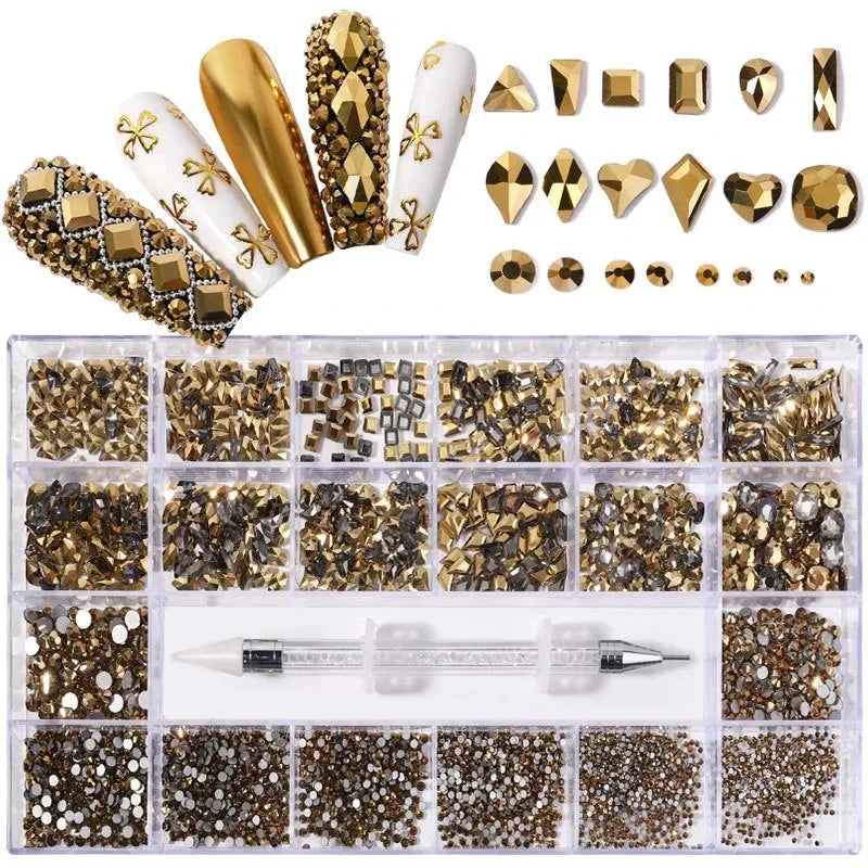 21 Grid Nail Art Rhinestone Set - Multi-Style Flat Bottom Glass Diamonds