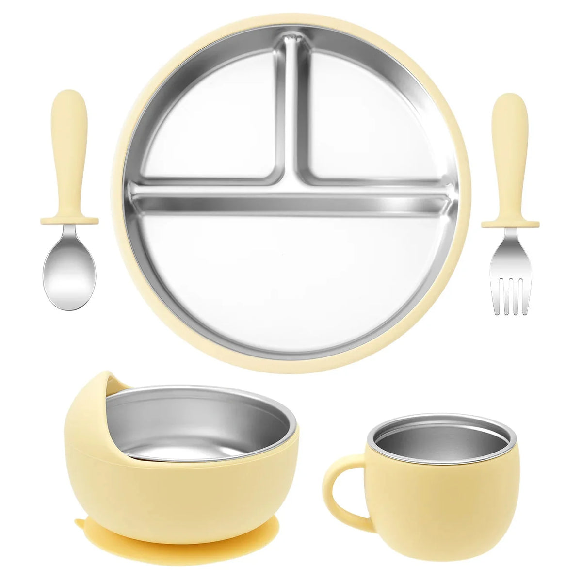 5PCS Baby Feeding Set Stainless Steel Plates with Silicone Sucker