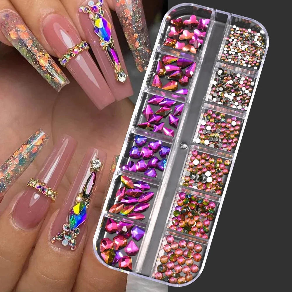 12 Grids Mixed Nail Rhinestones - SS6-SS30 Flat-Back Glass Gems for Nail Art