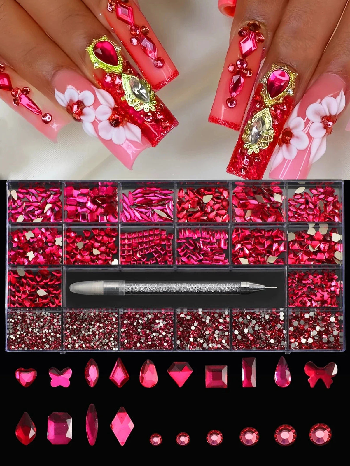 21 Grid Nail Art Rhinestone Set - Multi-Style Flat Bottom Glass Diamonds