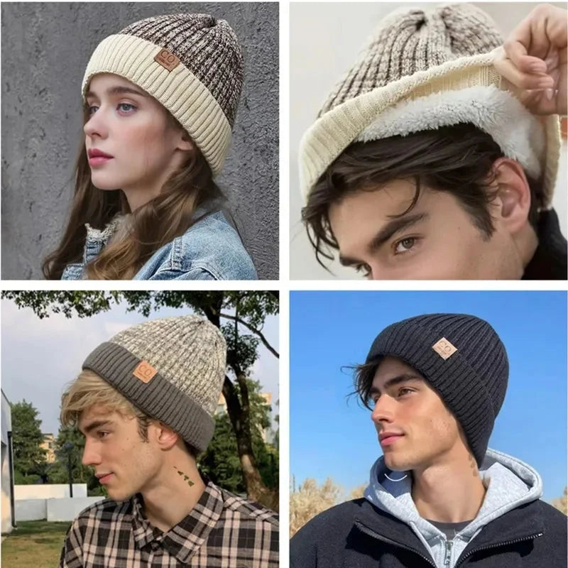 New Unisex Two-Tone Winter Hats Add Fur Lined Men And Women Fashion Warm Beanie Cap Casual Winter Knitted Hats