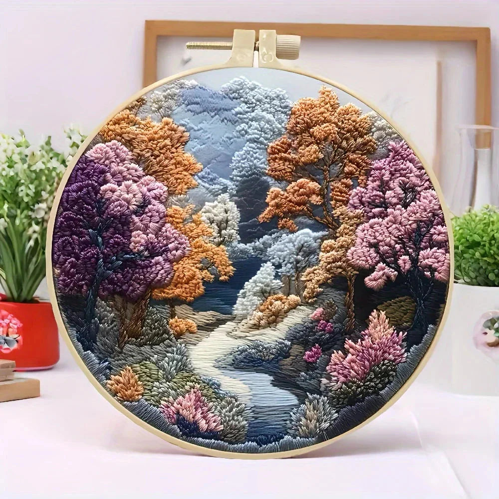 Beginners Hand Embroidery Kit - Mountain & Moon Landscape with Fabric & Threads
