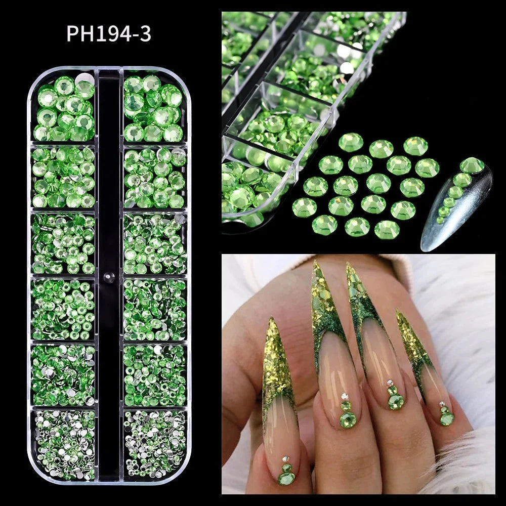 12 Grids Mixed Nail Rhinestones - SS6-SS30 Flat-Back Glass Gems for Nail Art