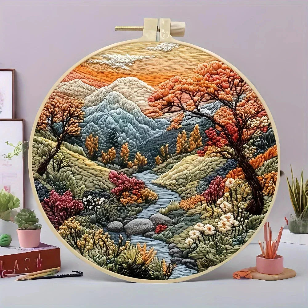 Beginners Hand Embroidery Kit - Mountain & Moon Landscape with Fabric & Threads