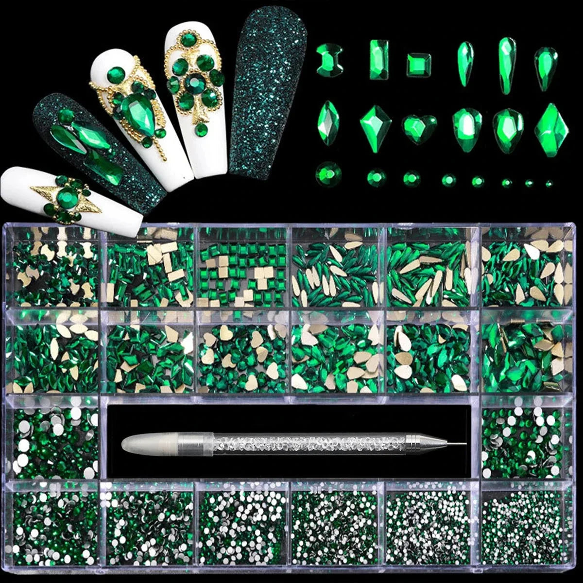 21 Grid Nail Art Rhinestone Set - Multi-Style Flat Bottom Glass Diamonds