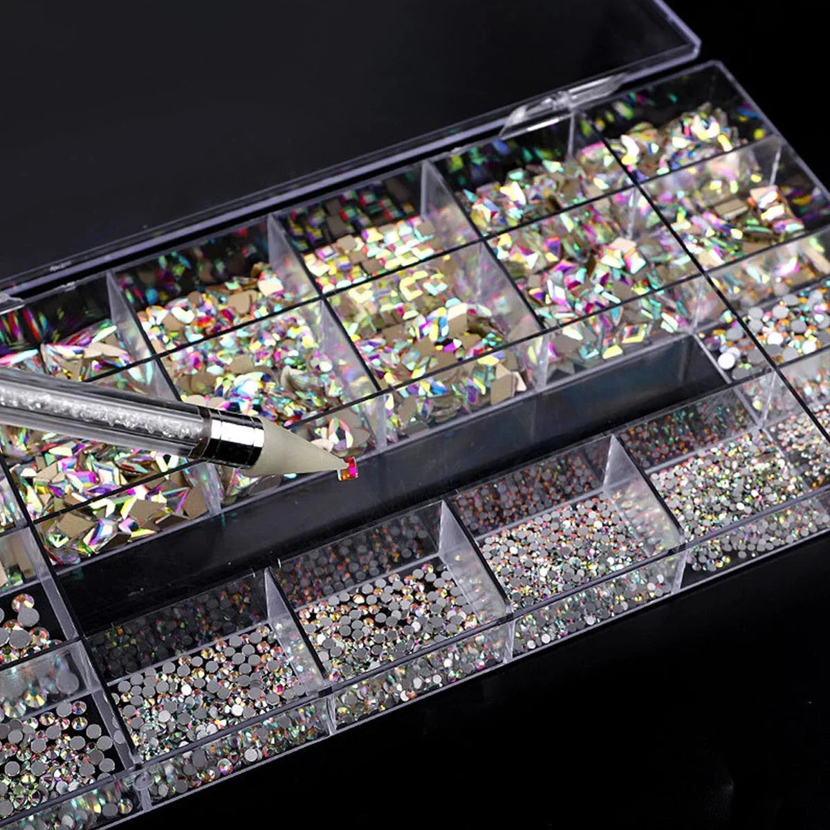 21 Grid Nail Art Rhinestone Set - Multi-Style Flat Bottom Glass Diamonds