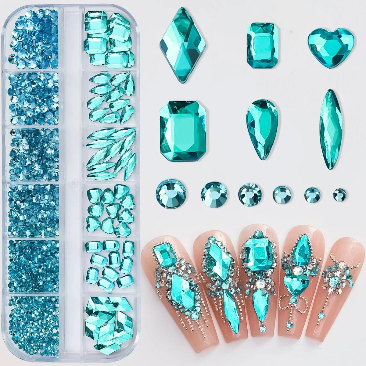 12 Grids Mixed Nail Rhinestones - SS6-SS30 Flat-Back Glass Gems for Nail Art
