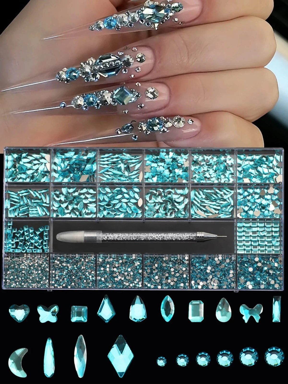 21 Grid Nail Art Rhinestone Set - Multi-Style Flat Bottom Glass Diamonds
