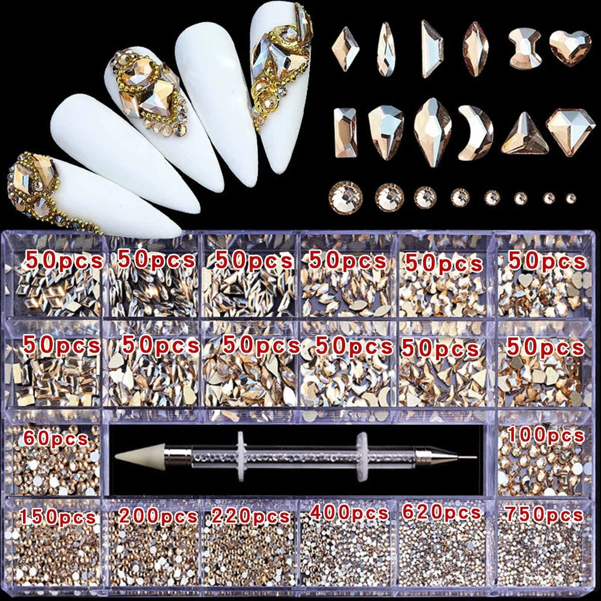 21 Grid Nail Art Rhinestone Set - Multi-Style Flat Bottom Glass Diamonds