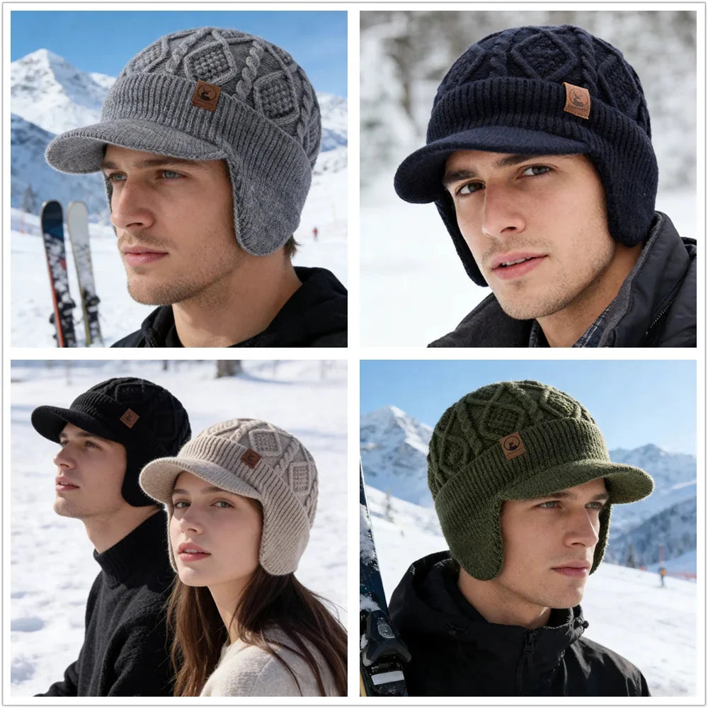 New Unisex Winter Hat Plush Fur Lined Warm Earflap Cap Stylish Soft Beanie Hat  Outdoor Thick Ski Sports Knitted Hat